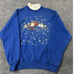 Morning Sun Sweatshirt Womens XL Blue Winter Birds Cardinal Snowflake Mock Neck